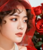 新娘戴红纱配红玫瑰特写13009#横屏 