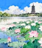 	 荷花湖景与远处宝塔风景809#横屏 