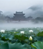 荷塘古建筑雾景自然风光13950#横屏 