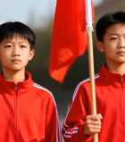 小学生持红旗站立校园2361#横屏 