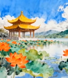 荷花湖上古风亭水彩画素材9193#横屏 