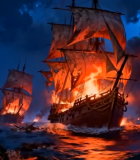 海上燃烧的古代帆船素材12690#横屏 
