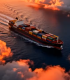 海上集装箱货轮夕阳航行画面 ()4615#横屏 