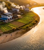 乡村河畔村庄田园风光航拍9513#横屏 