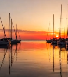 海港日落时分停泊的帆船2578#横屏 