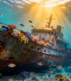 海底沉船与珊瑚鱼群画面12811#横屏 