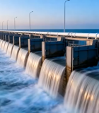 海边水闸流水与灯塔景观3243#横屏 