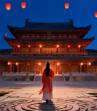 古装女子于古建前赏孔明灯9746#横屏 