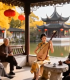 古亭中女子弹奏琵琶众人聆听11306#横屏 