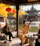 古亭中女子弹琵琶众人围坐聆听3720#横屏 