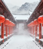 古建筑雪景中红色灯笼长廊5364#横屏 