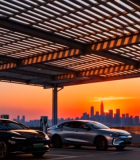 夕阳下停车场的新能源汽车12852#横屏 