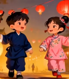 	 古风孩童提灯笼欢庆新春2072#横屏 