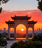 公园中式牌坊日落景象10956#横屏 