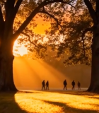 夕阳下树林中行人漫步场景13589#横屏 