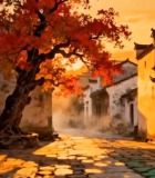 古村落夕阳下红枫街道景象6051#横屏 