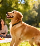 公园中人与金毛互动场景7487#横屏 