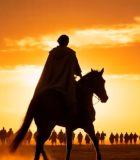 夕阳下骑马的人群剪影3074#横屏 