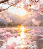 夕阳下水面飘落的樱花7747#横屏 