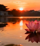 夕阳下荷塘荷花古建筑景观5540#横屏 