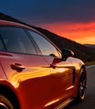 	 公路上的红色跑车日落景象2836#横屏 