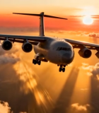 夕阳下客机飞行于云海之上372#横屏 