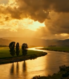 夕阳下河流田野自然风光6022#横屏 