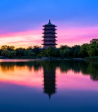 夕阳下湖边古塔风景9249#横屏 