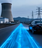 公路上行驶的汽车与电厂背景13032#横屏 