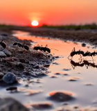 夕阳下蚂蚁在水洼边活动1536#横屏 