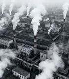 工厂烟囱冒烟鸟瞰画面14126#横屏 