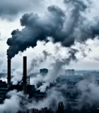 工厂烟囱排放烟雾景象9783#横屏 