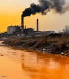 工厂旁污染河流与烟囱景象13136#横屏 