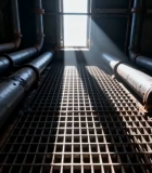 工厂内生锈管道与网格地面12571#横屏 