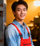 工厂年轻工人微笑倚靠机器3037#横屏 