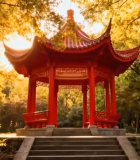 夕阳下的中式红亭与树林8666#横屏 