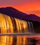 夕阳下的山间瀑布风景28#横屏 