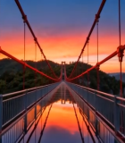 夕阳下的红色吊桥风景9927#横屏 