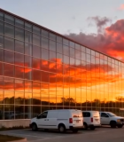 夕阳下玻璃幕墙建筑与车辆8053#横屏 