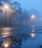 雾夜街道积水倒影景象2355#横屏 
