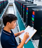 工厂工人查看记录电子设备2457#横屏 