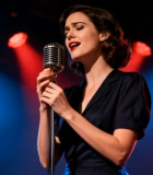 舞台上女子手持麦克风演唱12224#横屏 