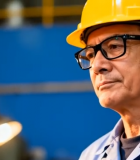 工厂工人戴安全帽工作特写3418#横屏 