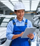 工厂工人手持平板操作汽车生产13692#横屏 