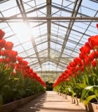 温室中盛开的红色郁金香1381#横屏 