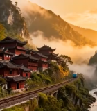 高铁穿行古建筑山间美景1751#横屏 
