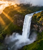 高空俯瞰阳光照耀下的瀑布9634#横屏 