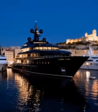 港口停泊多艘豪华游艇夜景1953#横屏 