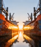 港口两艘货船日落景象8989#横屏 