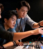 团队在工作室专注看屏幕讨论6358#横屏 